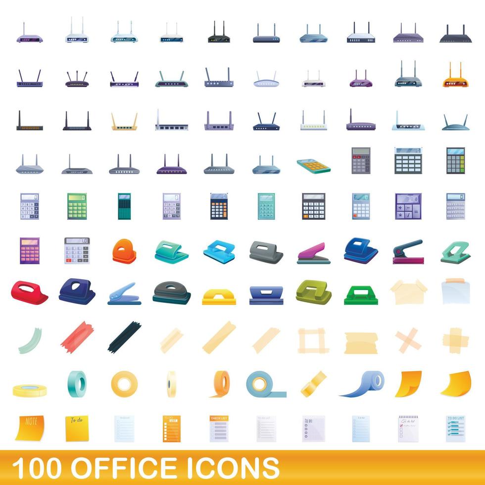 conjunto de 100 ícones de escritório, estilo cartoon vetor