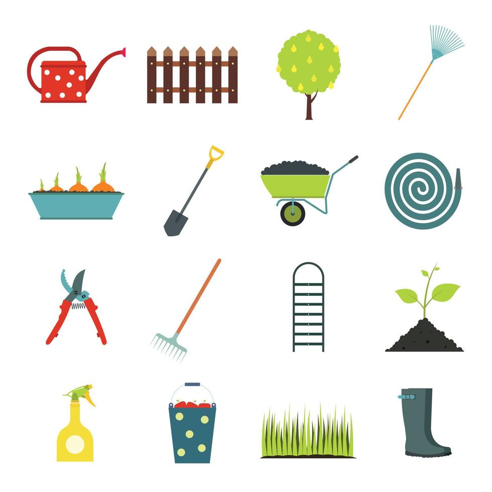 conjunto de 16 ícones planos de jardim vetor