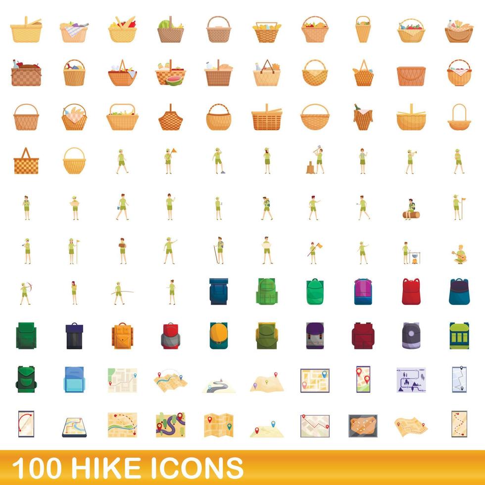 conjunto de 100 ícones de caminhada, estilo cartoon vetor