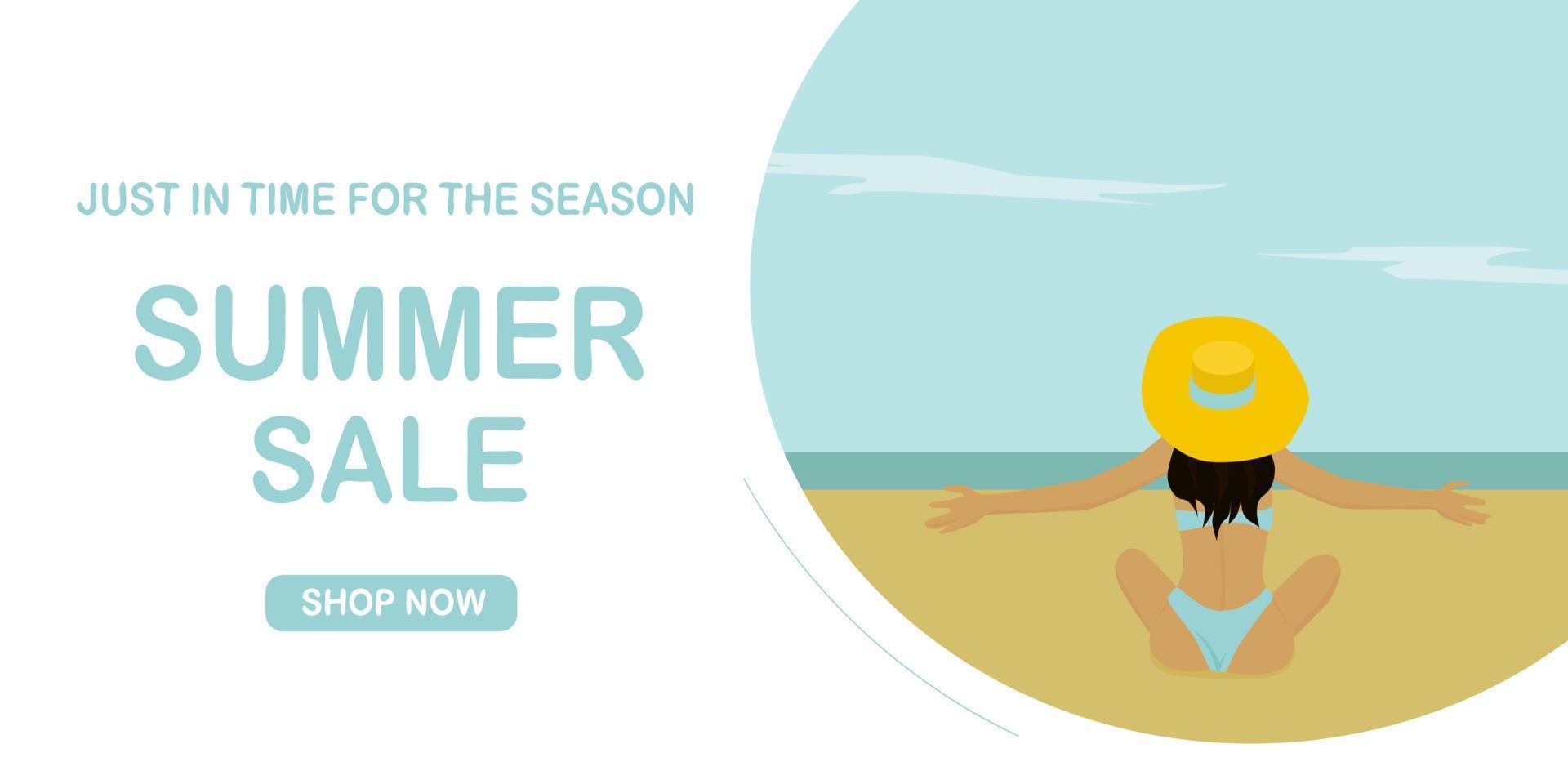 banner de venda de verão com uma mulher com um grande chapéu relaxante na praia. vetor