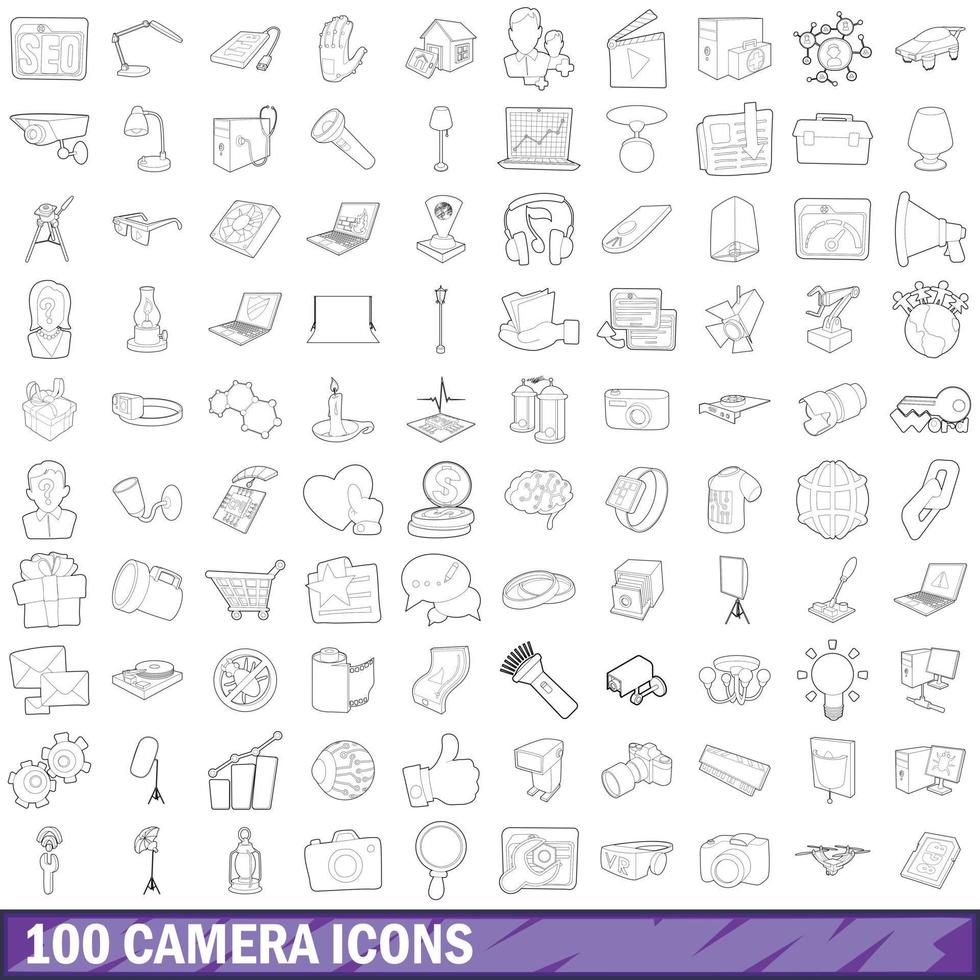 Conjunto de 100 ícones de câmera, estilo de contorno vetor