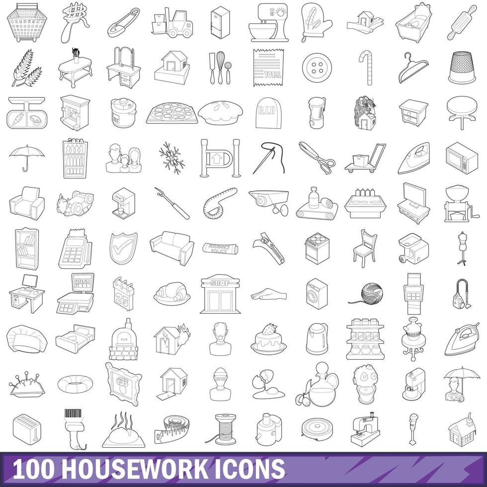 conjunto de 100 ícones de trabalho doméstico, estilo de contorno vetor