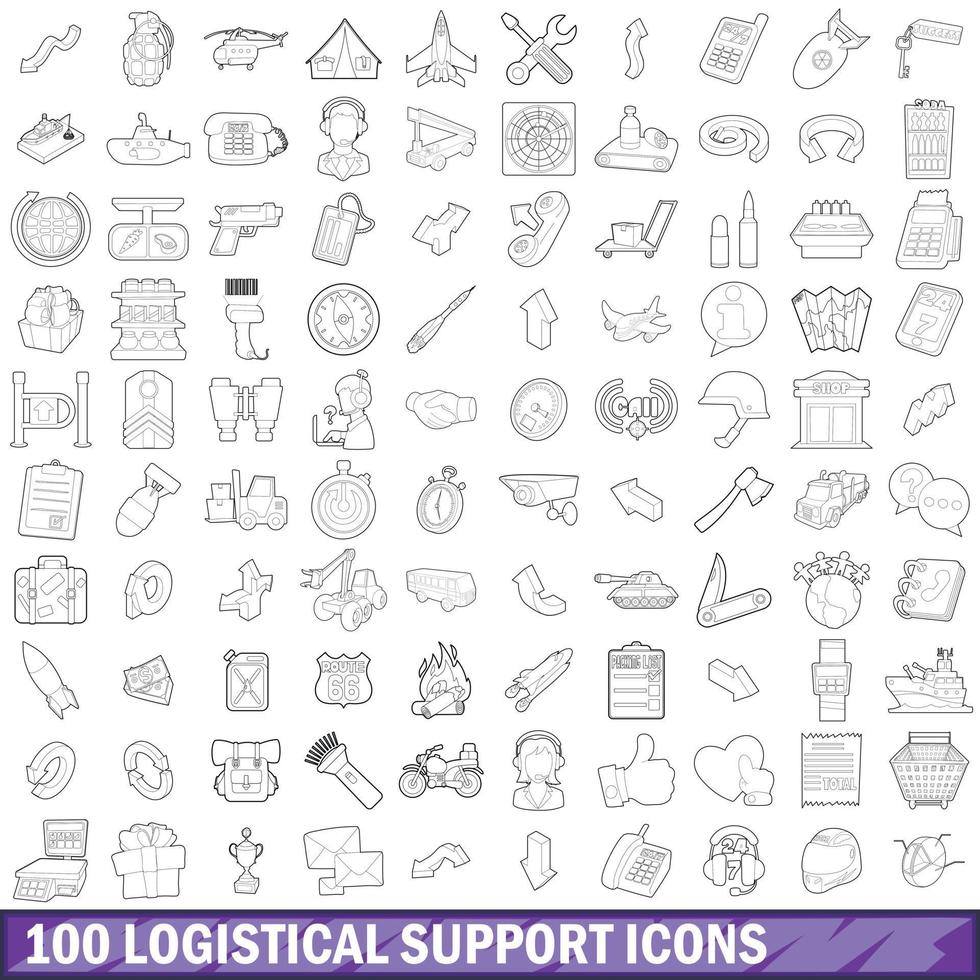 Conjunto de 100 ícones de suporte logístico, estilo de estrutura de tópicos vetor