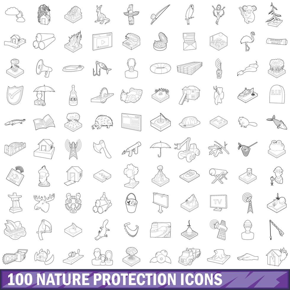 Conjunto de 100 ícones de proteção da natureza, estilo de contorno vetor