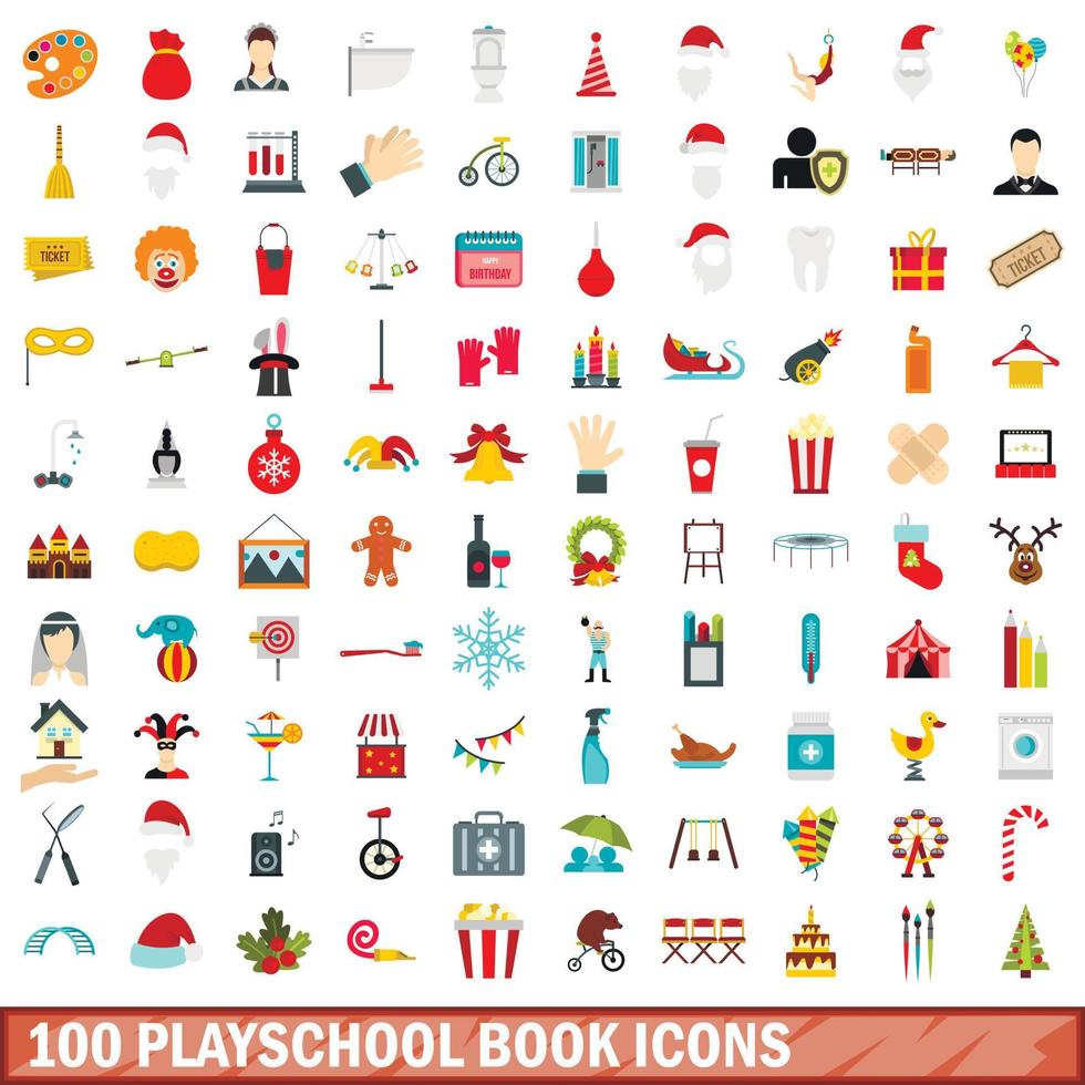 conjunto de 100 ícones de livros de playschool, estilo simples vetor