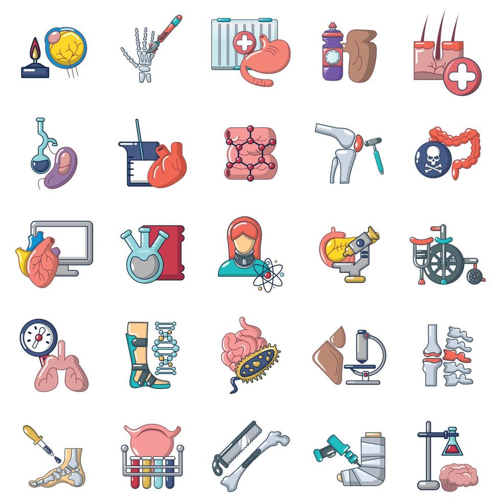 conjunto de ícones de investigação médica, estilo cartoon vetor