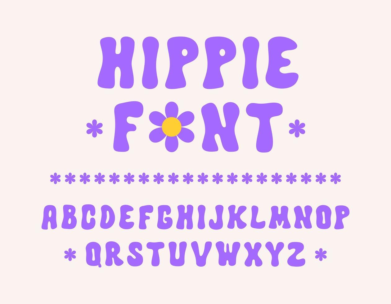 fonte desenhada à mão hippie no estilo retrô dos anos 60, 70. alfabeto psicodélico na moda. ilustração vetorial de desenho animado vetor