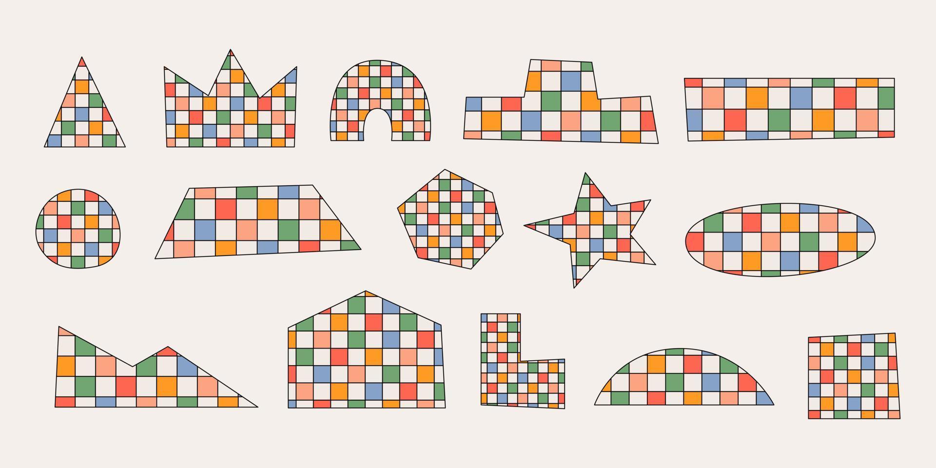 conjunto vetorial de formas geométricas abstratas, figuras com xadrez colorido. design retrô moderno no estilo dos anos 60, 70. todos os objetos são isolados vetor
