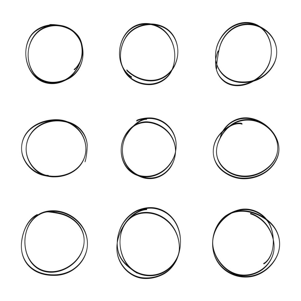 conjunto de esboço de linha de círculo desenhado à mão. traço de marcador de linha simples. círculos de destaque de rabisco desenhados à mão. rabisco design redondo doodle. vetor
