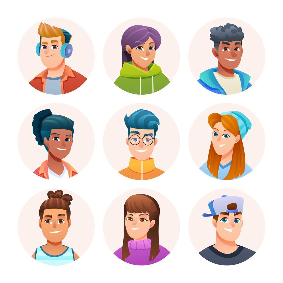 coleção de personagens de avatar adolescente alegre. avatar de meninos e meninas em estilo cartoon vetor