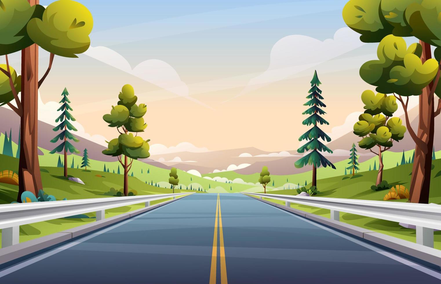 estrada reta com trilhos através da ilustração de paisagem de prados e árvores. estrada para fundo de vetor de natureza