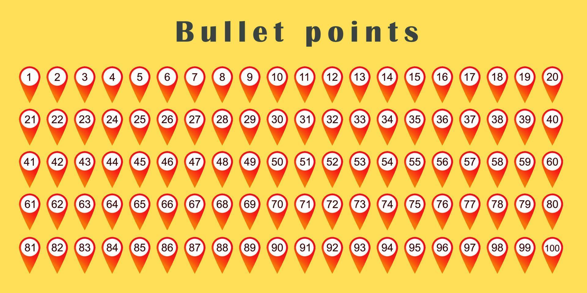 ponto de bala definido de 1 a 100. marcadores vermelhos com números em círculos brancos. design gráfico vetor