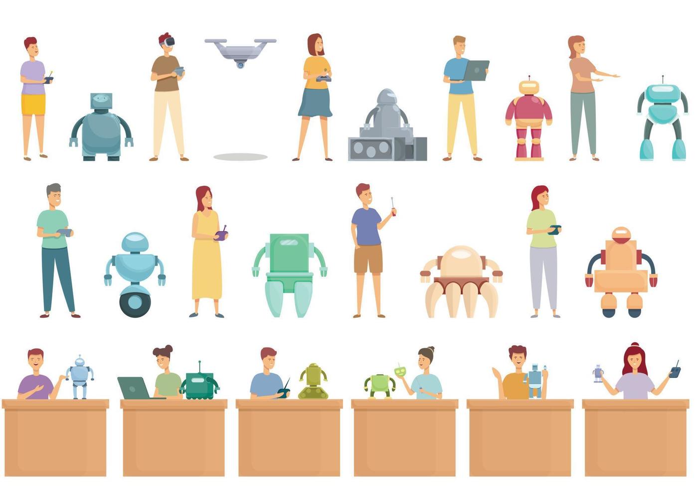 ícones de educação de crianças robótica definir vetor dos desenhos animados. programa robô
