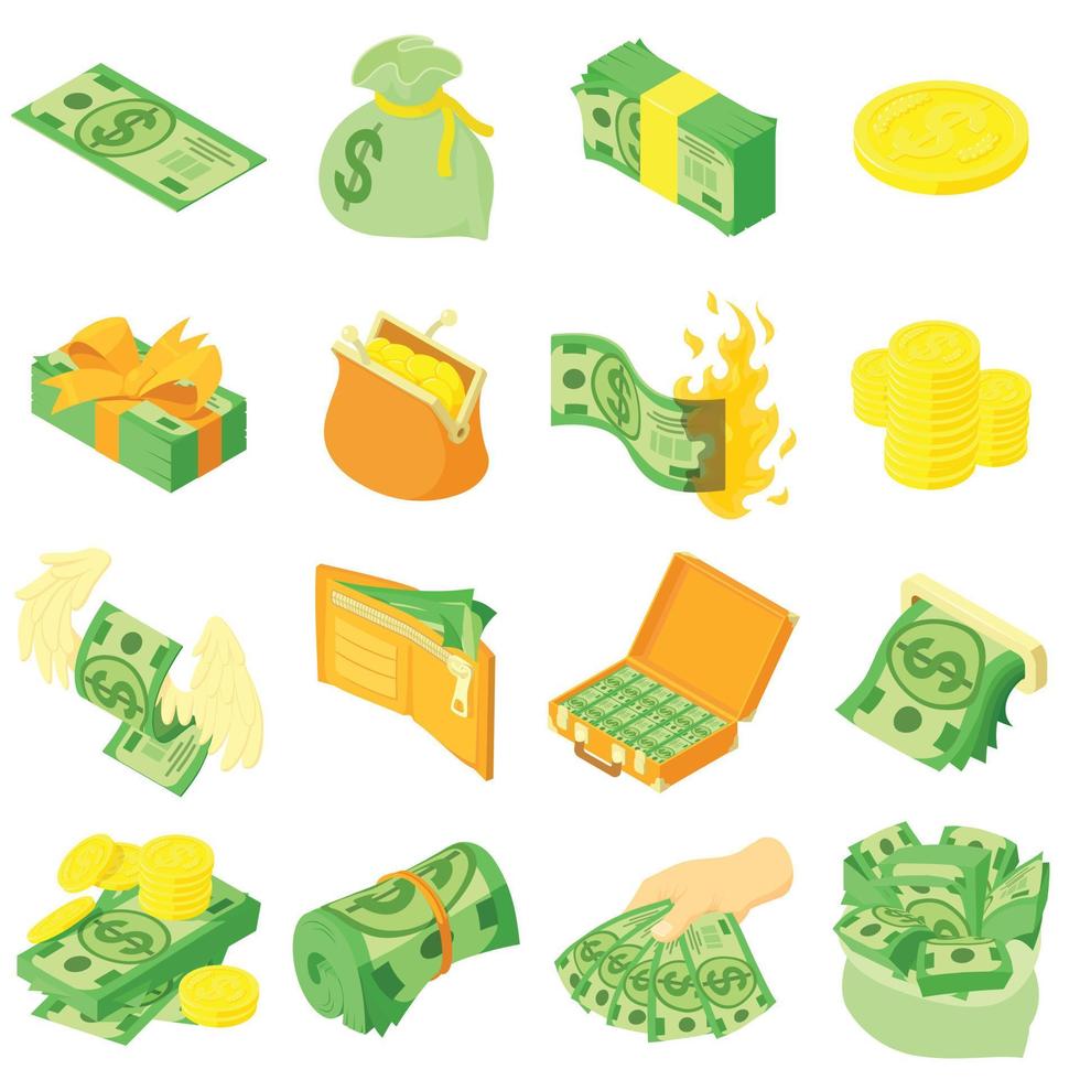 conjunto de ícones de dólar de moeda de dinheiro, estilo isométrico vetor