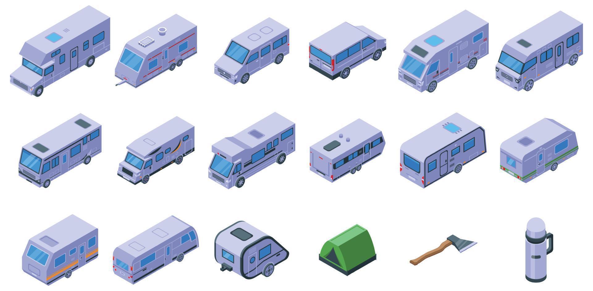 conjunto de ícones de acampamento automático, estilo isométrico vetor