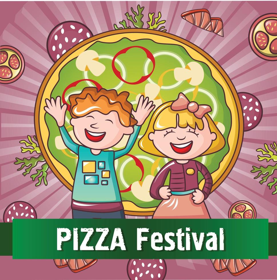 fundo de conceito de festival de pizza de crianças felizes, estilo de desenho animado vetor