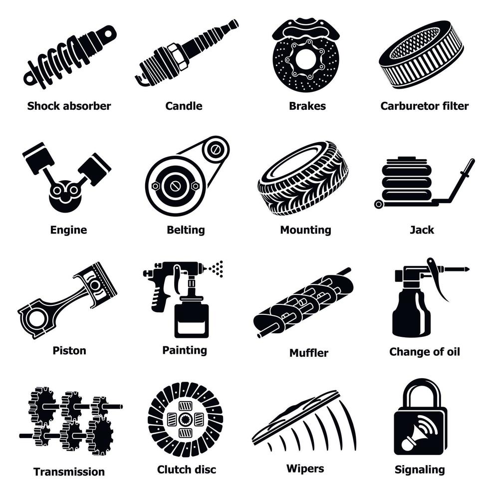 conjunto de ícones de peças de reparação de automóveis, estilo simples vetor