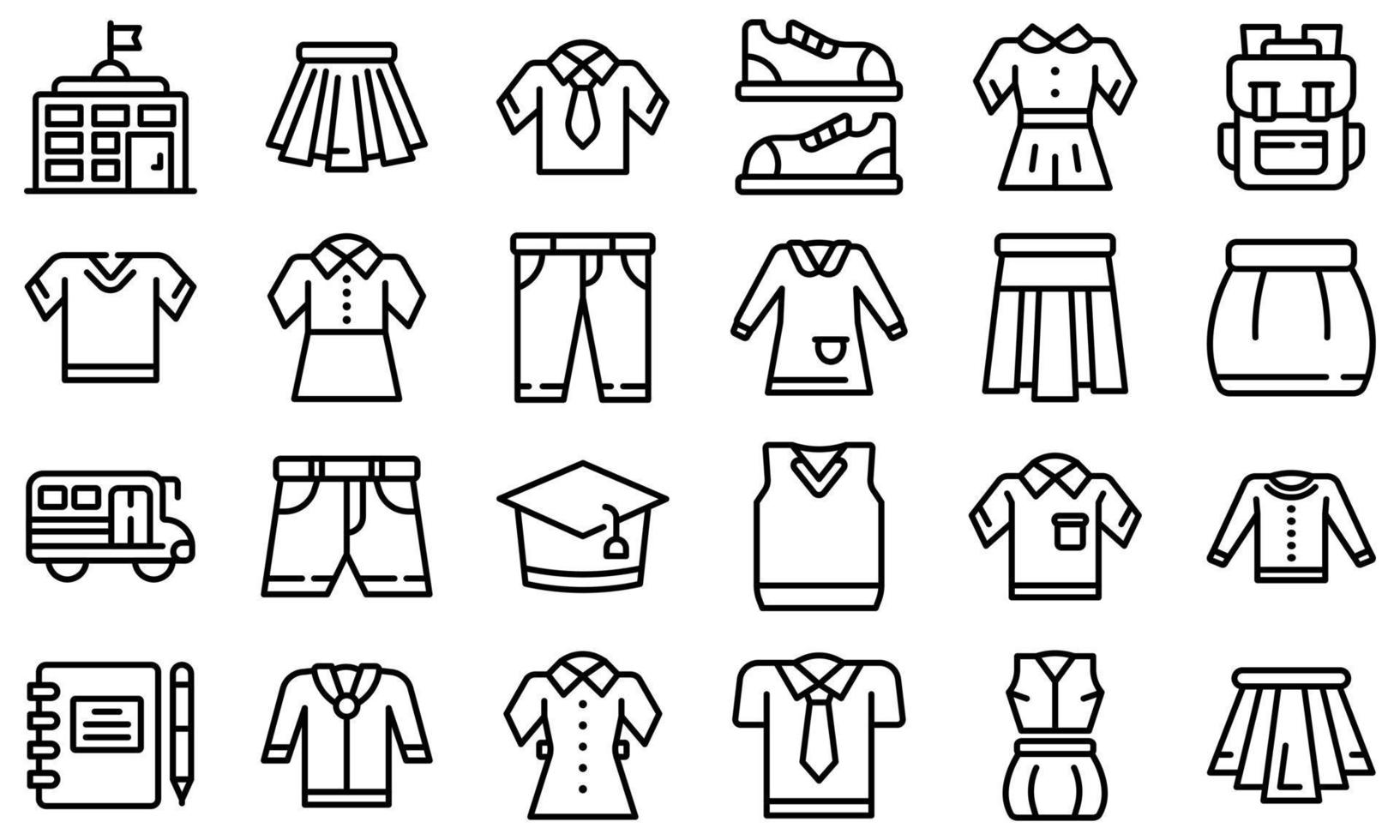 conjunto de ícones de uniforme escolar, estilo de estrutura de tópicos vetor