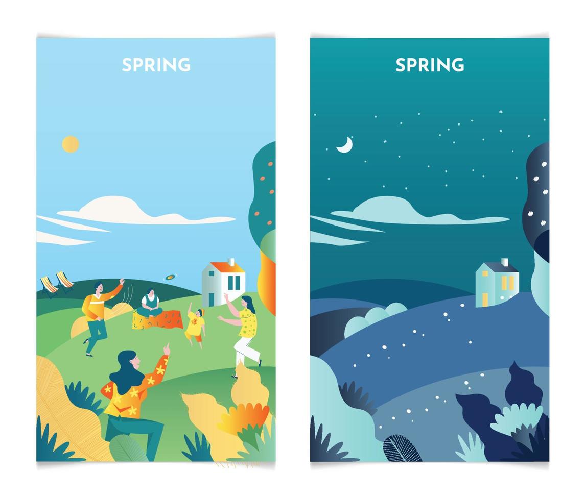 paisagem de primavera de dia e de noite. conjunto de banners de temporada de primavera ilustração vetorial de modelo vetor