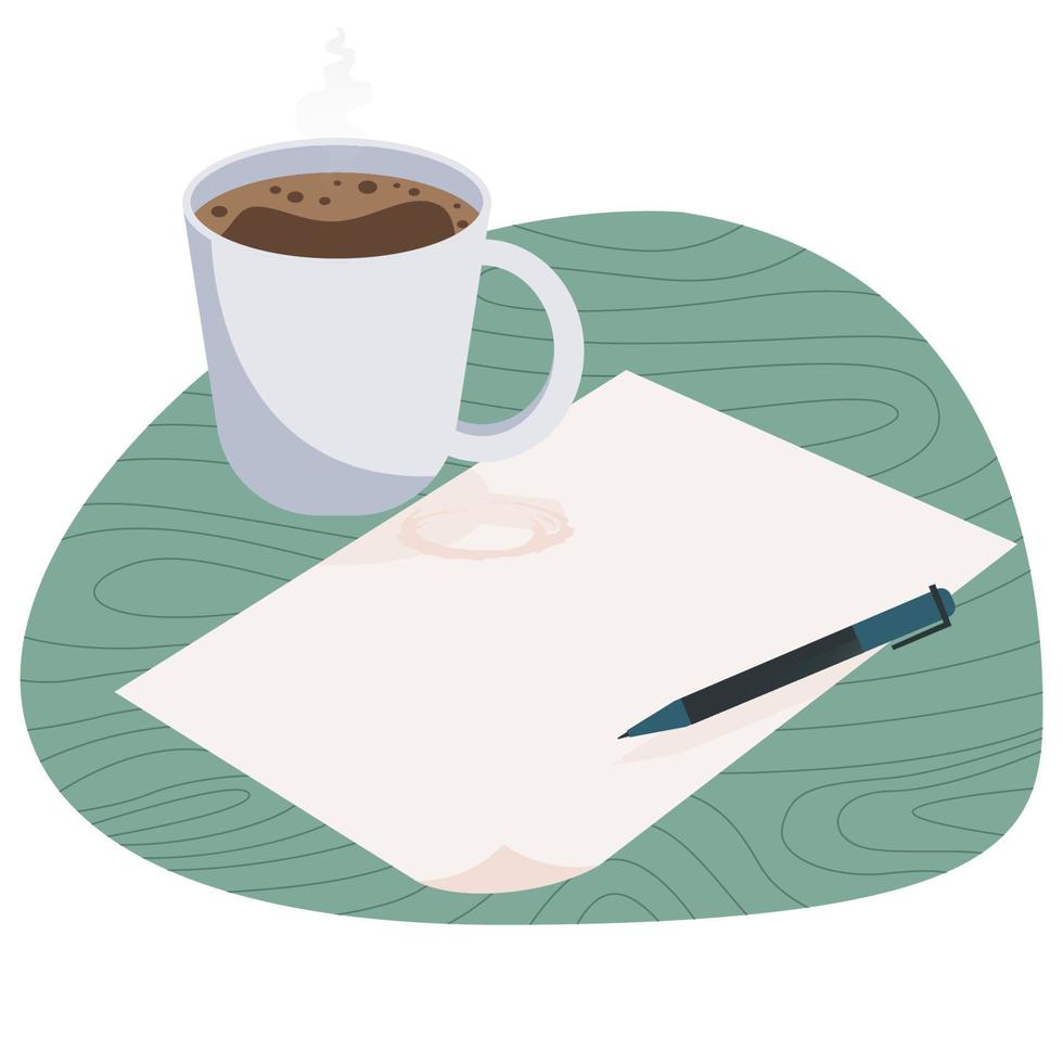 café quente na xícara, caneta e pedaço de papel em branco com bolha verde, isolado no fundo branco. preparação para iniciar o trabalho. ilustração vetorial de design plano vetor