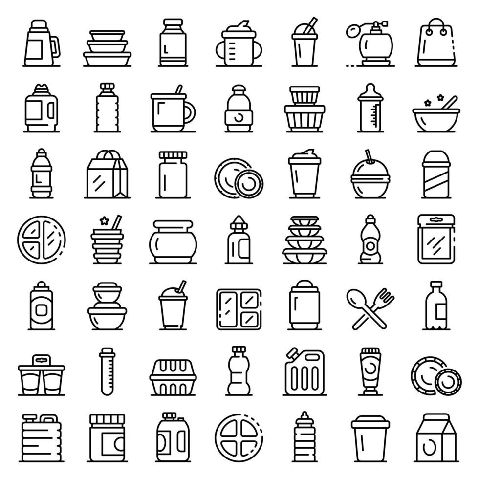conjunto de ícones de talheres de plástico, estilo de estrutura de tópicos vetor