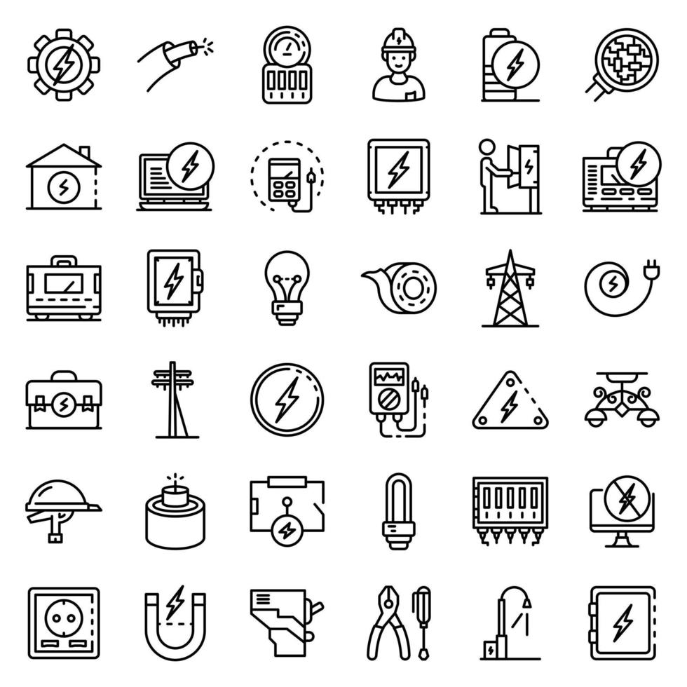 conjunto de ícones de serviço eletricista, estilo de estrutura de tópicos vetor