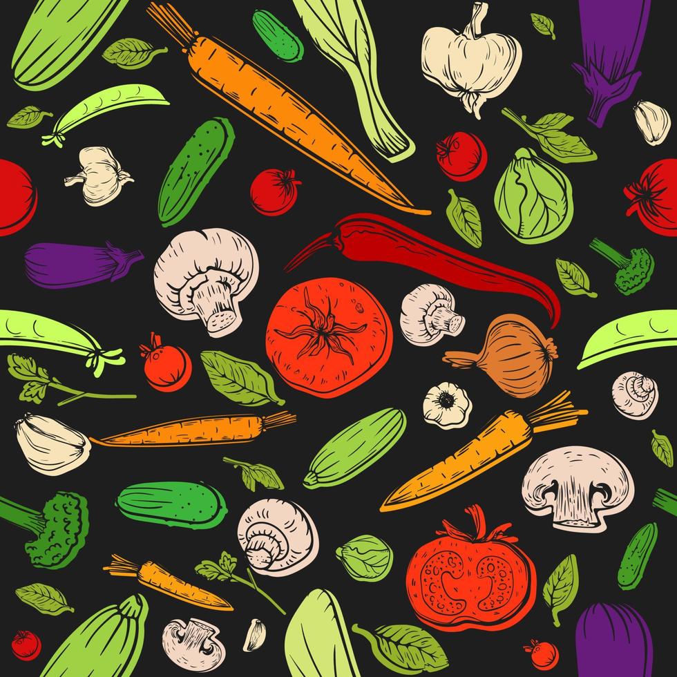 padrão sem emenda comida saudável vector fundo preto. cartaz ou banner com vegetais de esboço desenhados à mão tomate, pepino, pimenta, alho, cogumelos para pacote, menu, receita, cozinhar