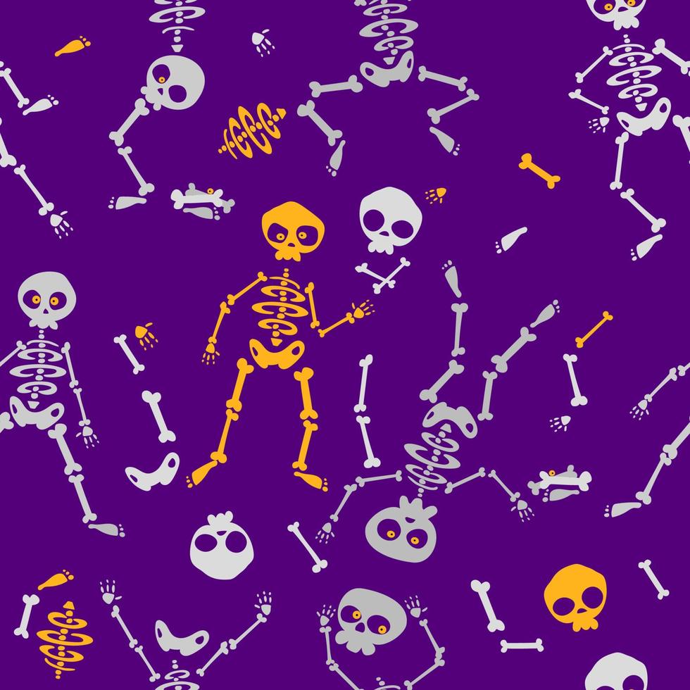 esqueletos engraçados em diferentes poses sem costura padrão para design de halloween. no fundo violeta. ilustração vetorial. vetor