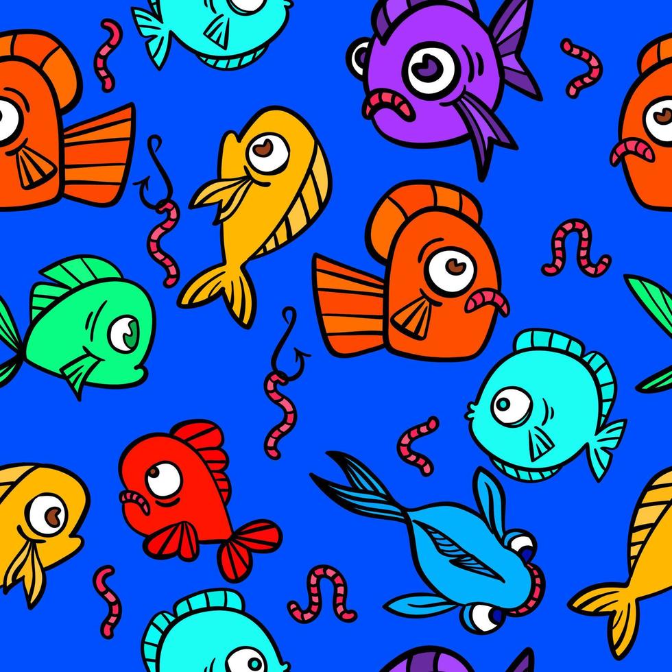 padrão perfeito com peixes engraçados desenhados à mão em estilo de desenho, ilustração vetorial, marinha decorativa com bolha e vermes. vetor