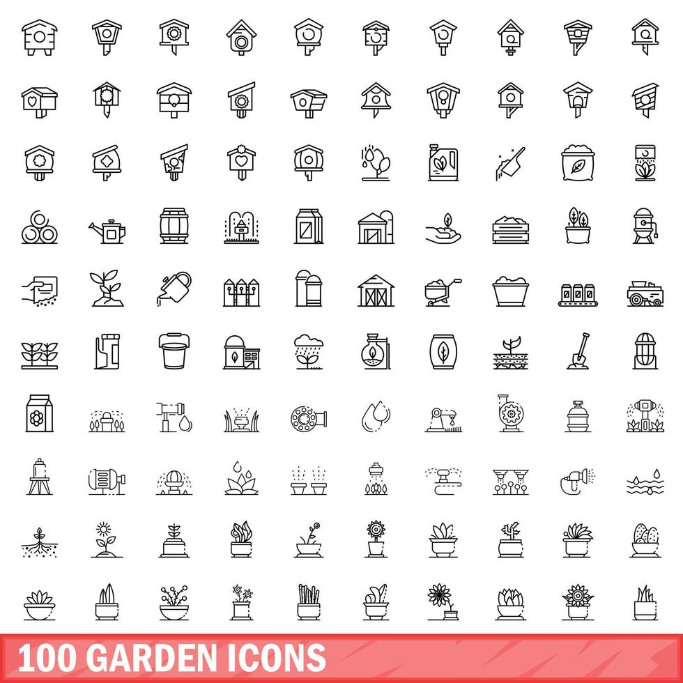 conjunto de 100 ícones de jardim, estilo de contorno vetor