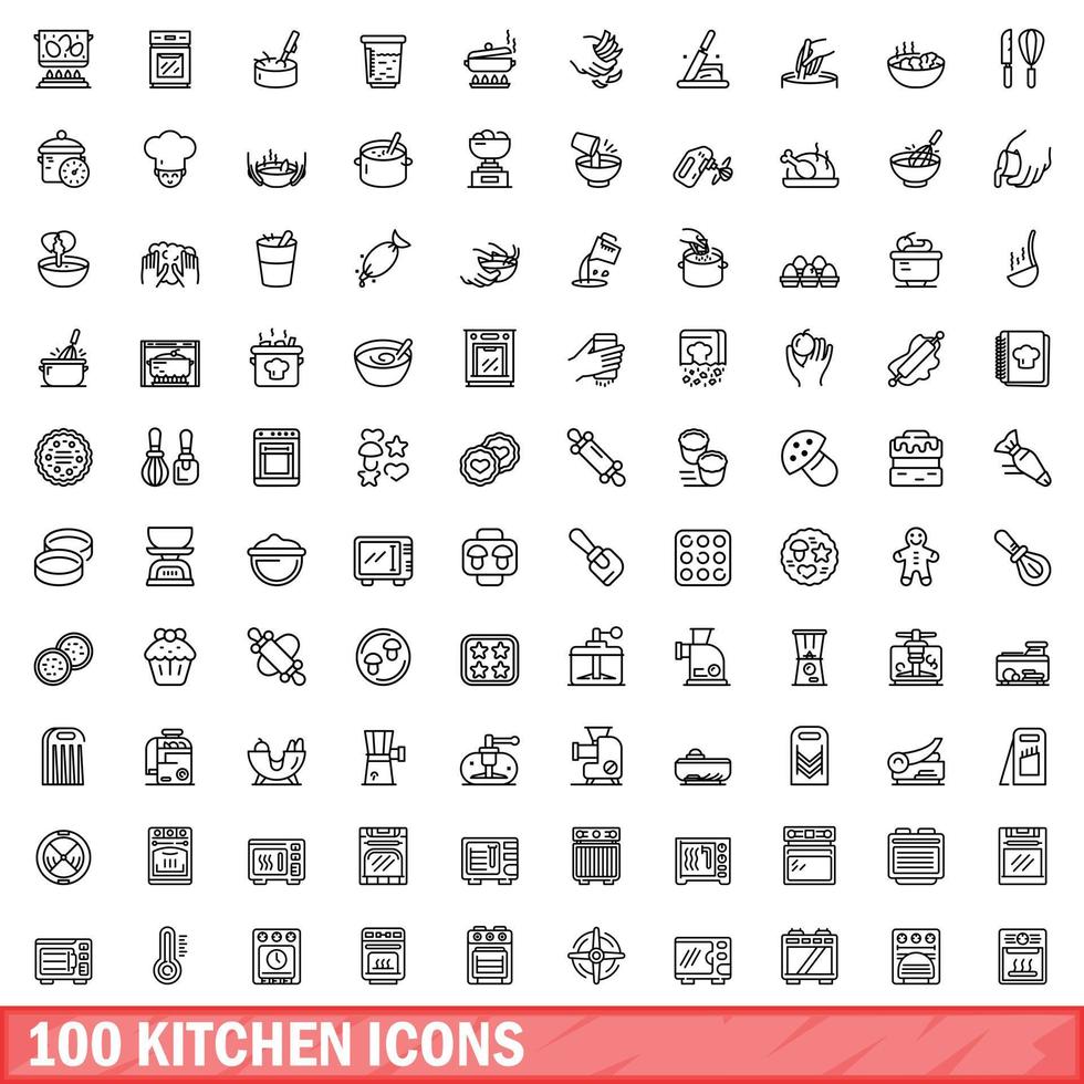 conjunto de 100 ícones de cozinha, estilo de contorno vetor