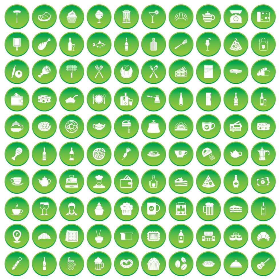 100 ícones de restaurante definir círculo verde vetor