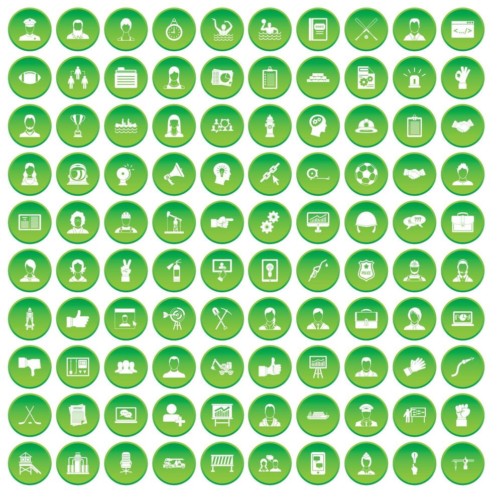 100 ícones de trabalho em equipe definir círculo verde vetor