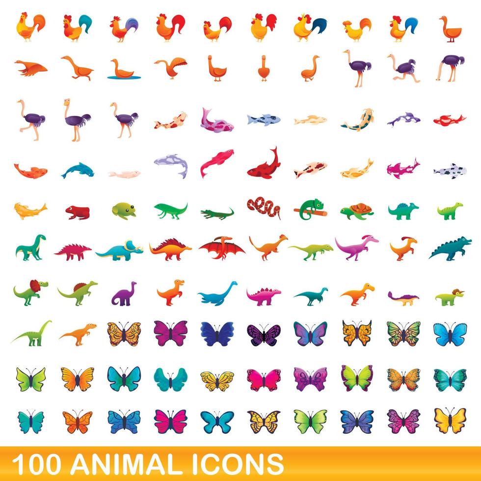 conjunto de 100 ícones de animais, estilo cartoon vetor