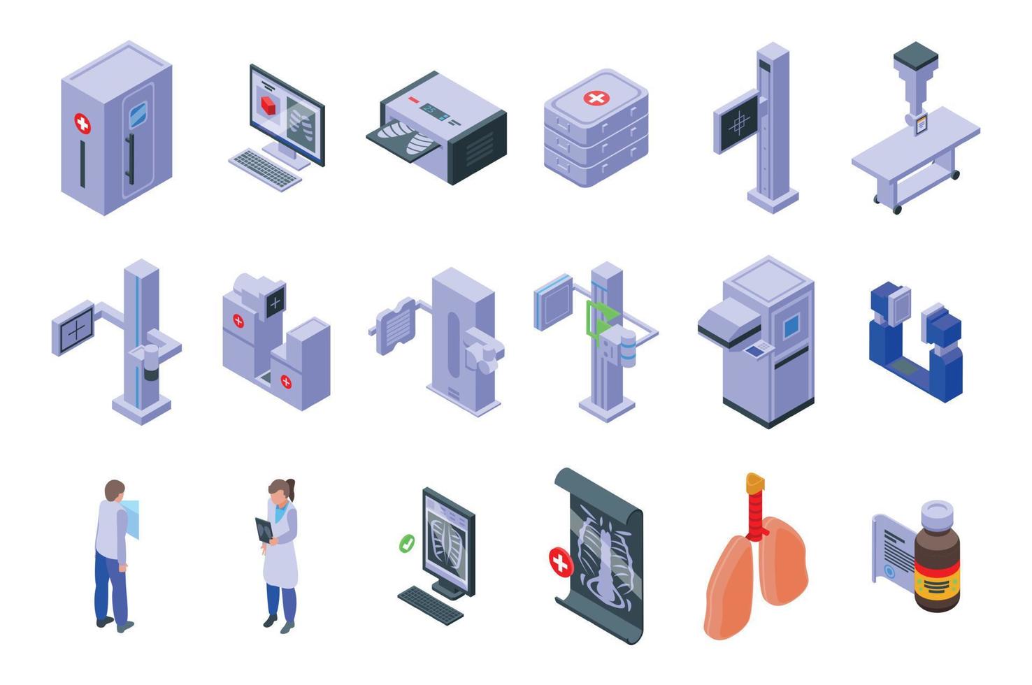 ícones de fluorografia definir vetor isométrico. pulmão de homem