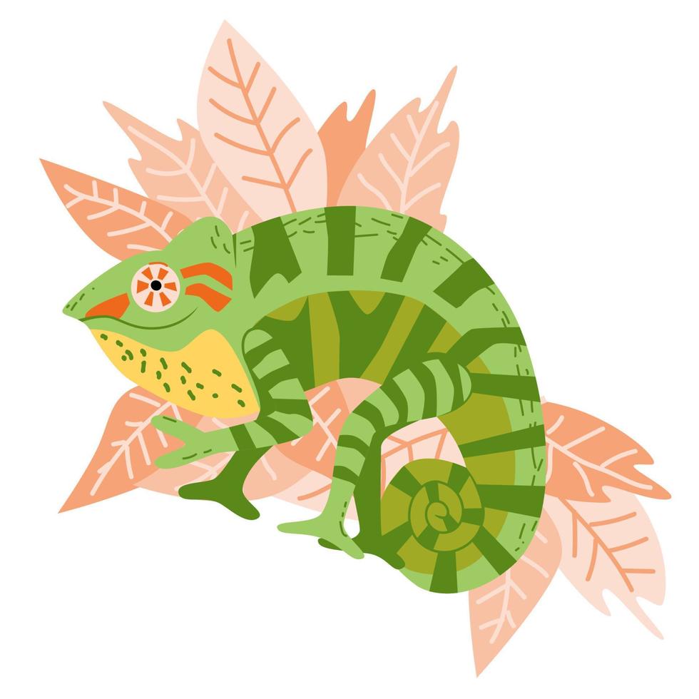 camaleão pantera bonito desenhado à mão, mascote exótico mostra sinal de paz e sorrisos, personagem positivo brilhante no fundo de folhagem tropical, avatar, logotipo, ilustração de design de crianças vetor