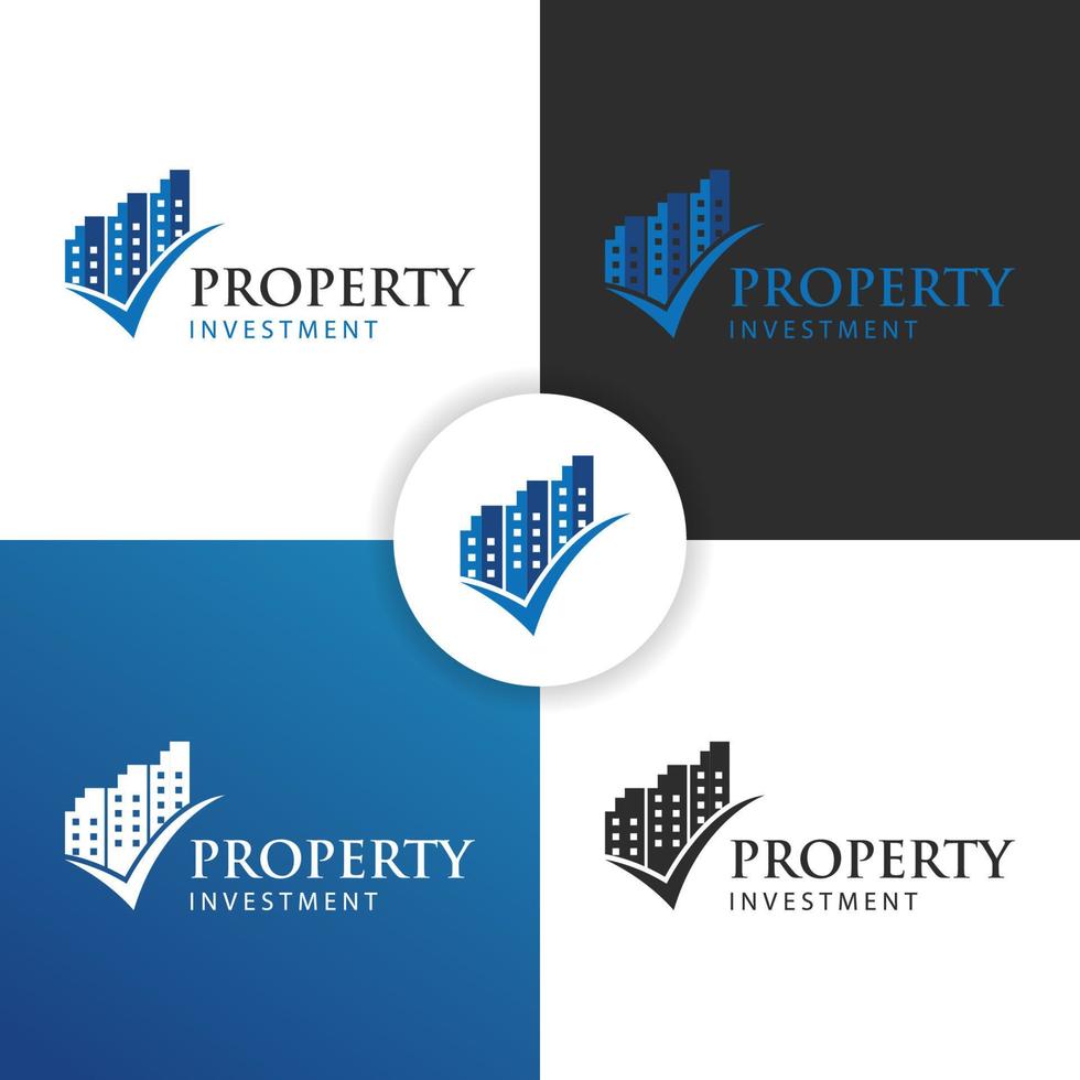 construção de design de logotipo de investimento imobiliário com ícone de verificação para hotel, investimento de negócios, imóveis vetor