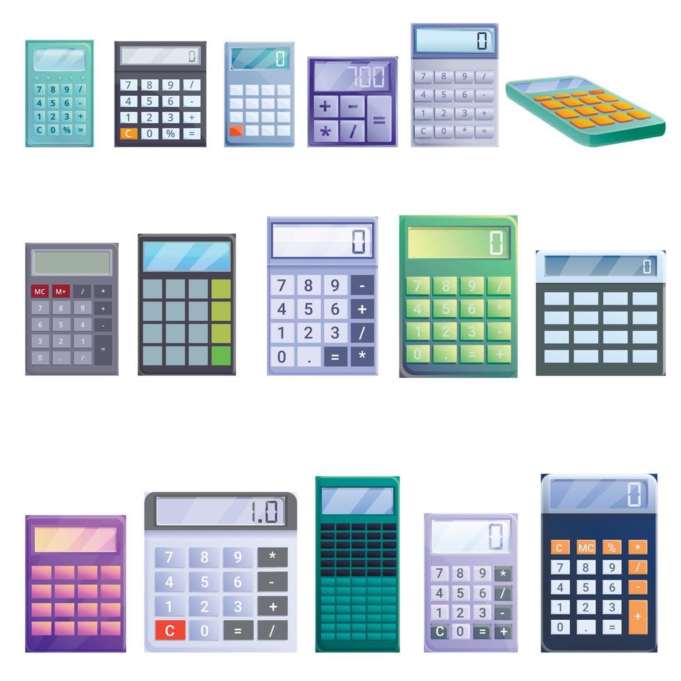 conjunto de ícones de calculadora, estilo cartoon vetor