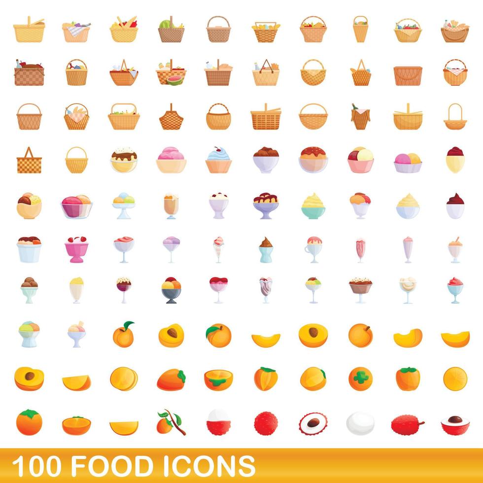 conjunto de 100 ícones de comida, estilo cartoon vetor