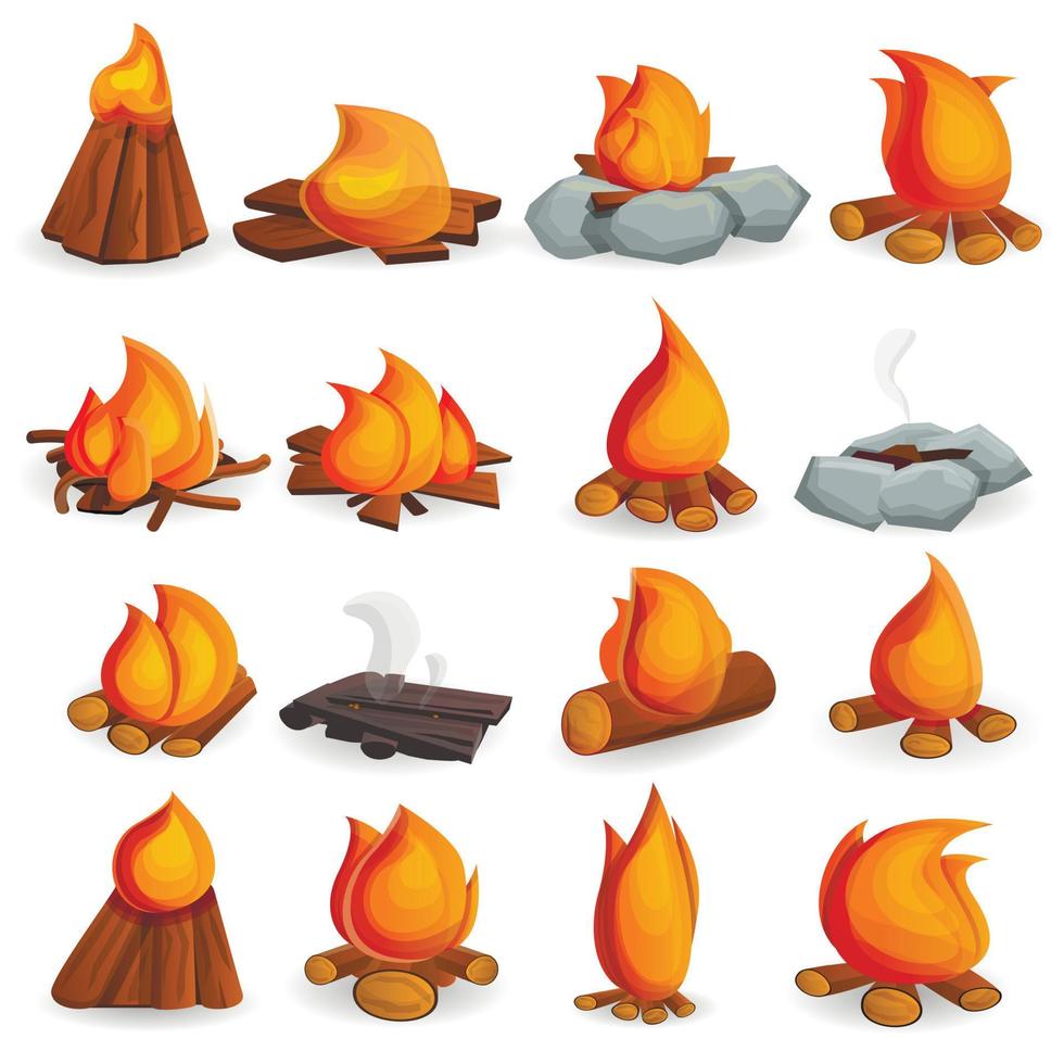 conjunto de ícones de fogueira, estilo cartoon vetor