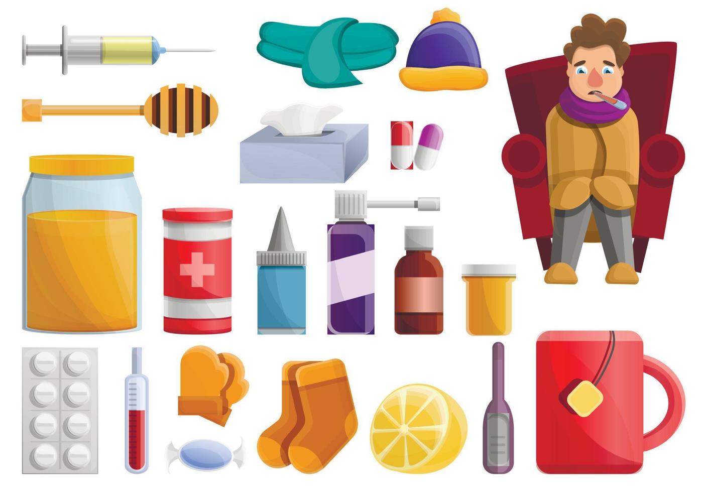 conjunto de ícones da gripe, estilo cartoon vetor