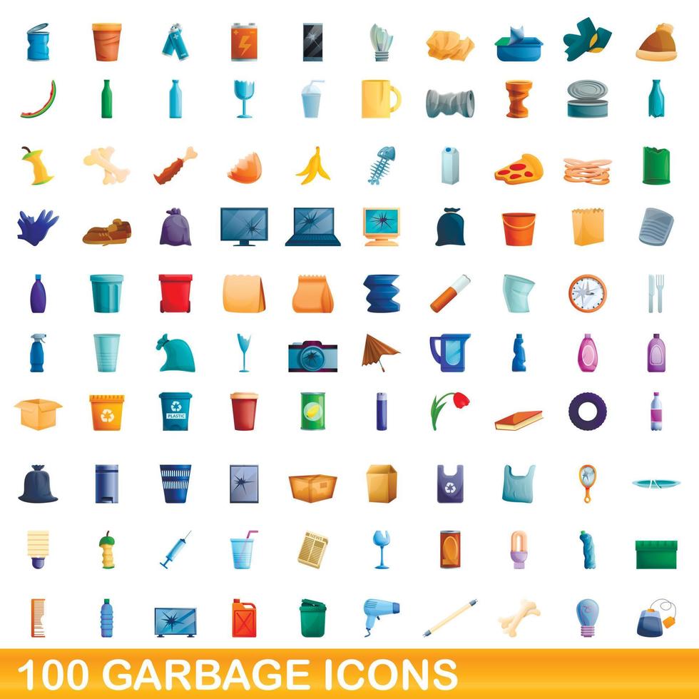 conjunto de 100 ícones de lixo, estilo cartoon vetor