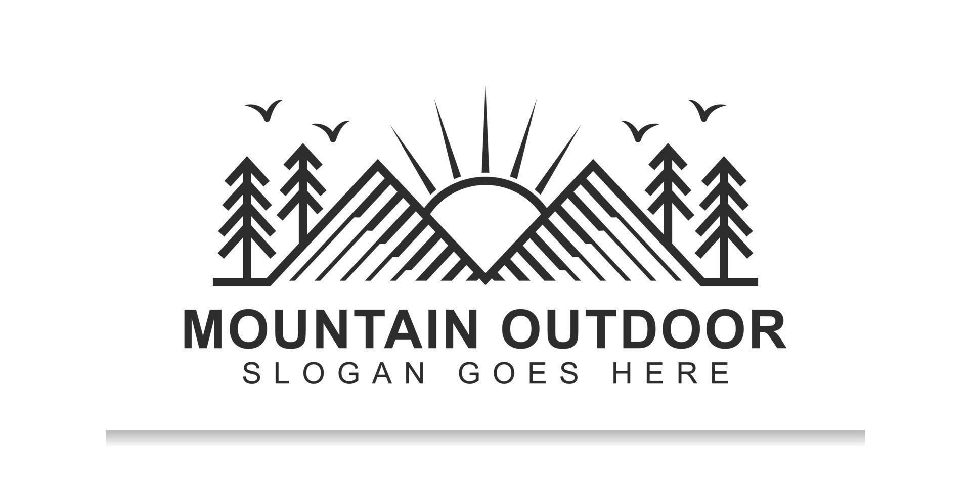 paisagem de montanha linear com sol, design de logotipo de pinheiro para isolado, aventura ao ar livre, logotipo de caminhadas de viagem vetor