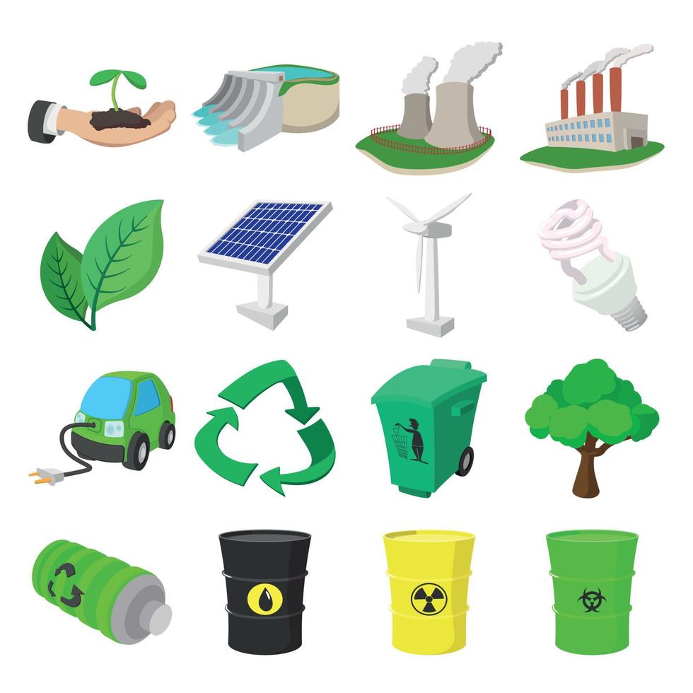 conjunto de ícones de desenhos animados de ecologia vetor