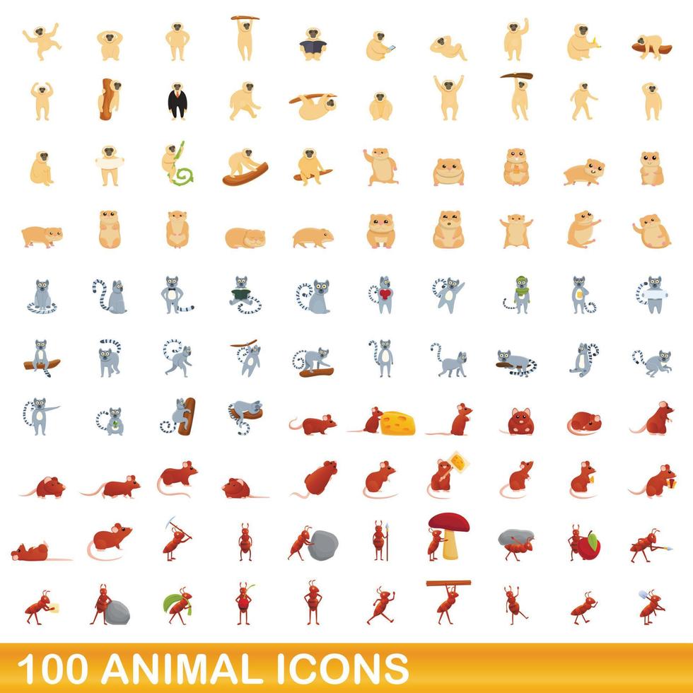 conjunto de 100 ícones de animais, estilo cartoon vetor