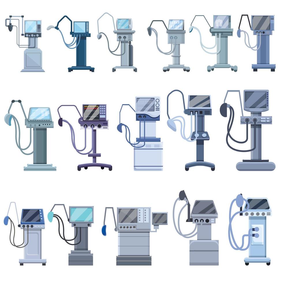 conjunto de ícones de máquinas médicas de ventilador, estilo cartoon vetor