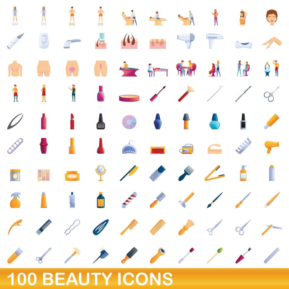 conjunto de 100 ícones de beleza, estilo cartoon vetor