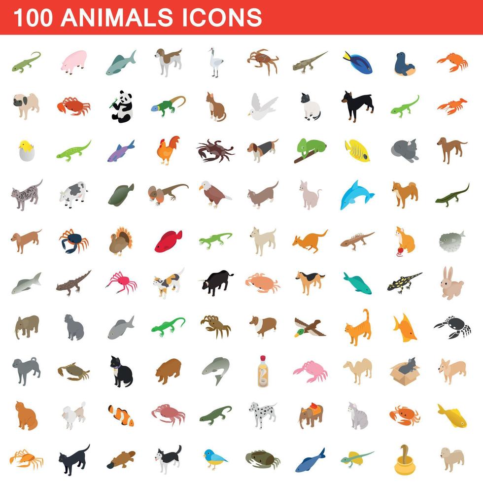 conjunto de ícones de 100 animais, estilo 3d isométrico vetor