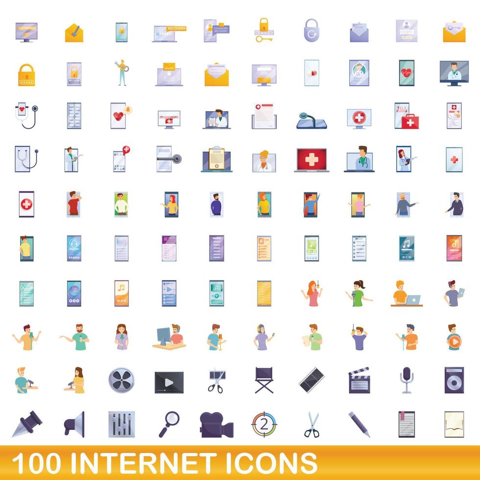 conjunto de 100 ícones da internet, estilo cartoon vetor