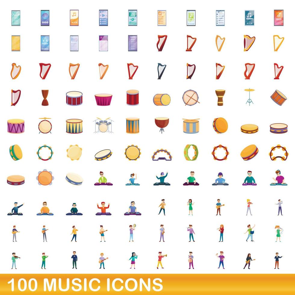 conjunto de 100 ícones de música, estilo cartoon vetor